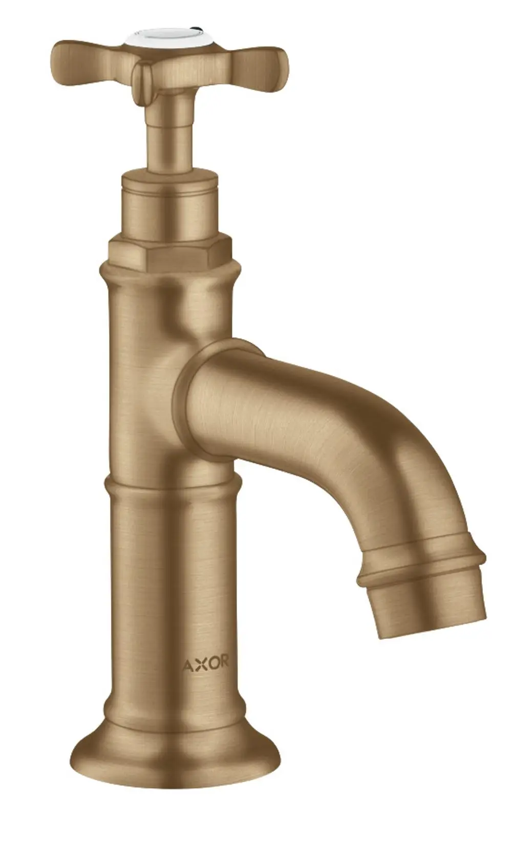 Standventil mit Kreuzgriff in brushed bronze von AXOR, ausgestattet mit einem abgerundeten Auslauf. Kein Ablaufgarnitur sichtbar.